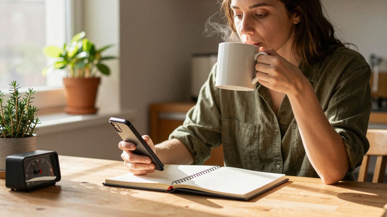 Mulher com camisa verde bebe café e usa smartphone numa mesa com caderno e planta ao sol.