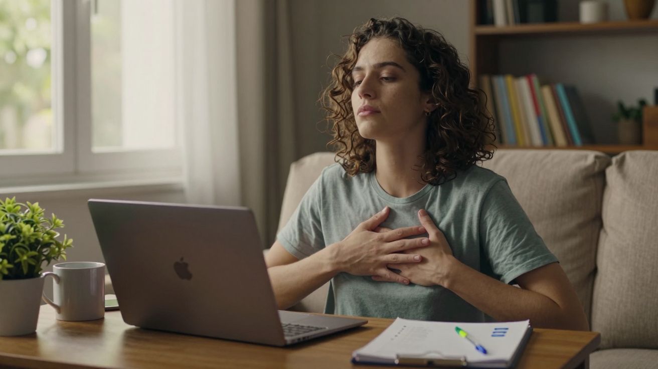 Mulher sentada com mãos no peito em frente a laptop num ambiente de escritório em casa, praticando respiração ou reflexão.
