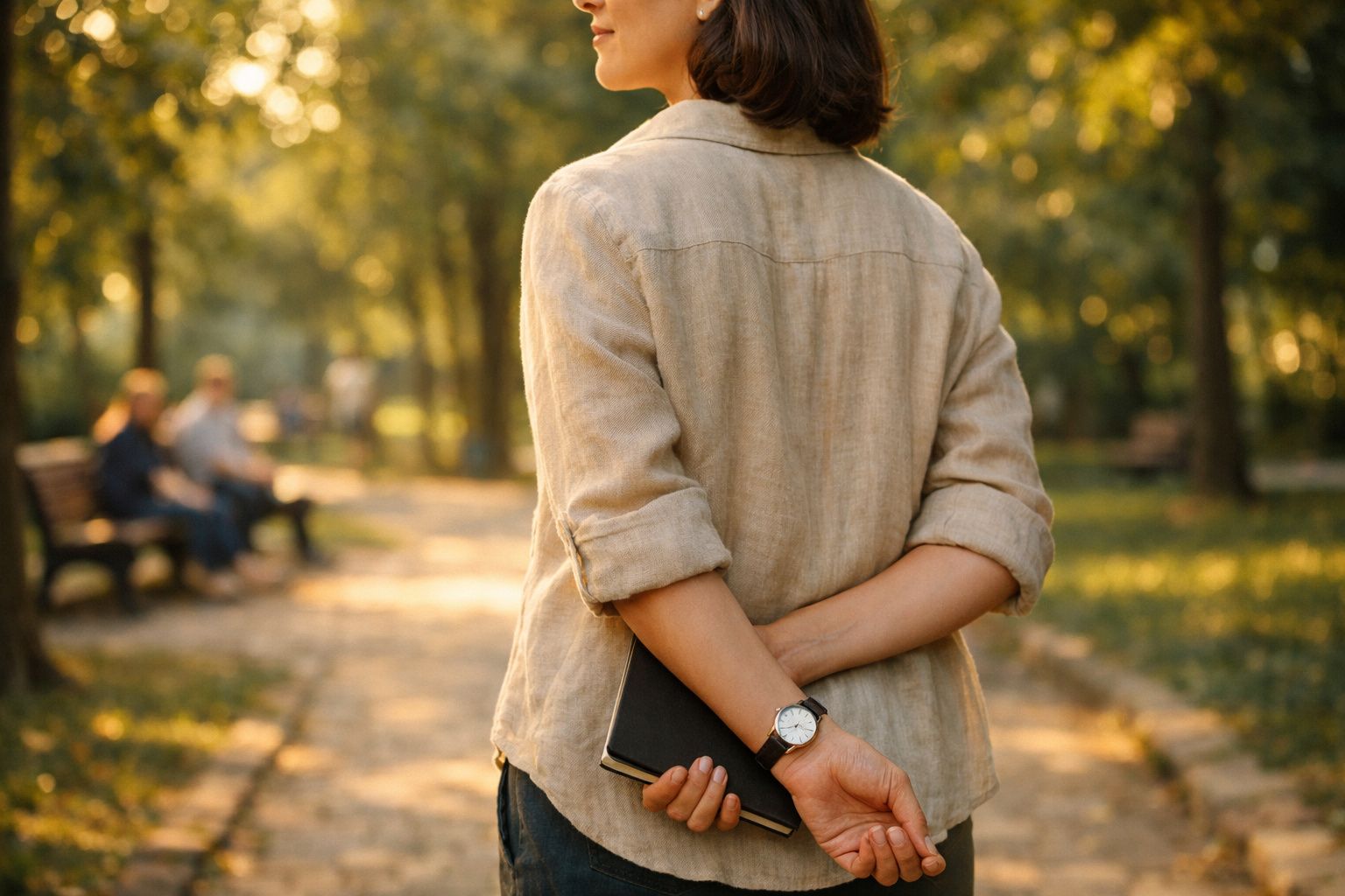 Jovem caminhando num parque com um homem mais velho ao fundo, sob árvores e perto de um banco de madeira.