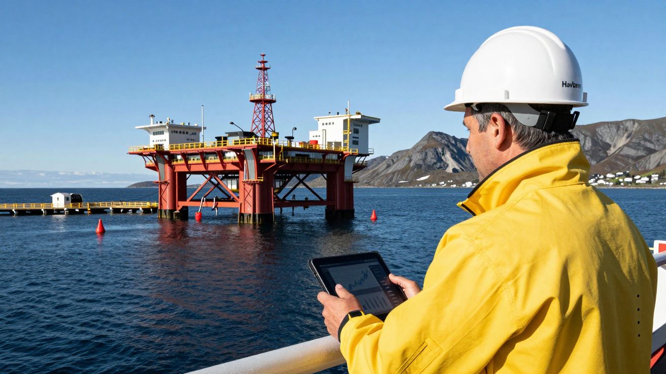 Homem de capacete observa plataforma petrolífera no mar, usando tablet. Montanhas ao fundo.