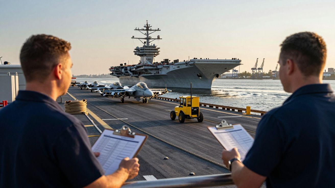 Dois homens verificam listas enquanto porta-aviões se aproxima do porto, ao lado de aviões estacionados na doca.