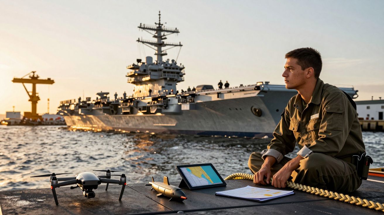 Homem fardado sentado junto a tablet, drone e modelo de navio com porta-aviões ao fundo, ao pôr do sol.