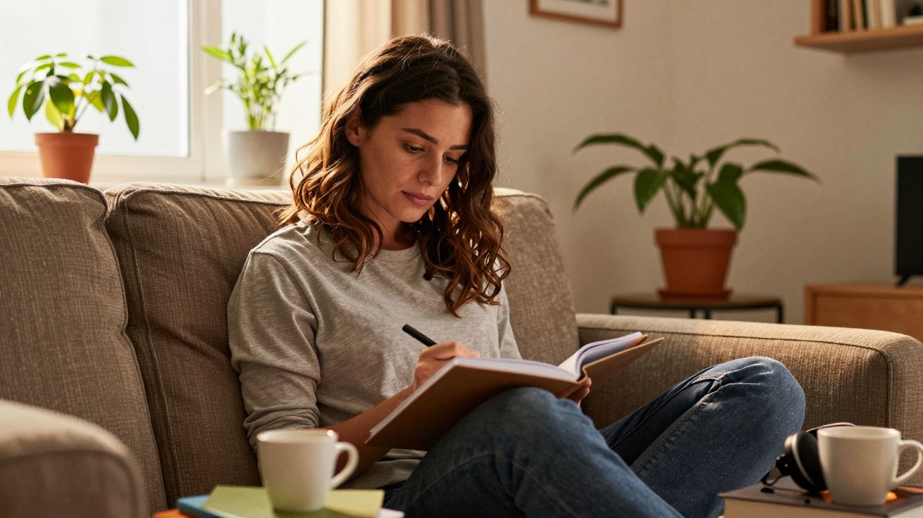 Mulher sentada no sofá, escrevendo num caderno, rodeada de plantas e chávenas, num ambiente de sala iluminada.