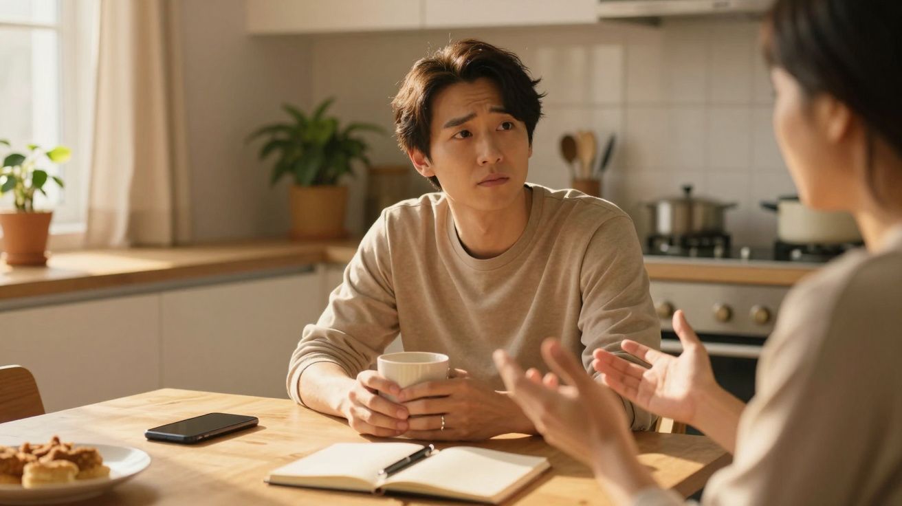 Homem segurando uma caneca, ouvindo outra pessoa numa cozinha iluminada pelo sol, com um caderno e telefone na mesa.