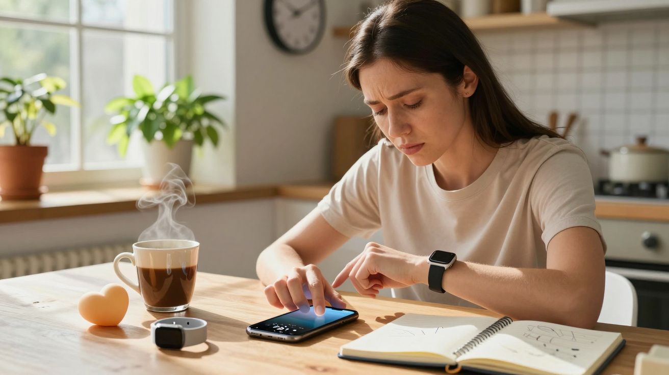 Mulher concentrada usa smartphone na cozinha, com caneca de café e caderno aberto na mesa.