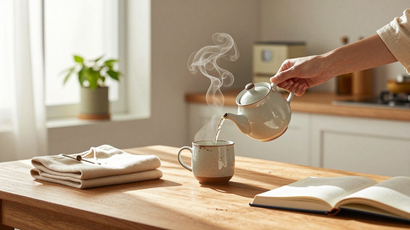 Mão a verter chá quente de um bule numa caneca, com fumo visível. Livros e toalhas sobre a mesa de madeira.