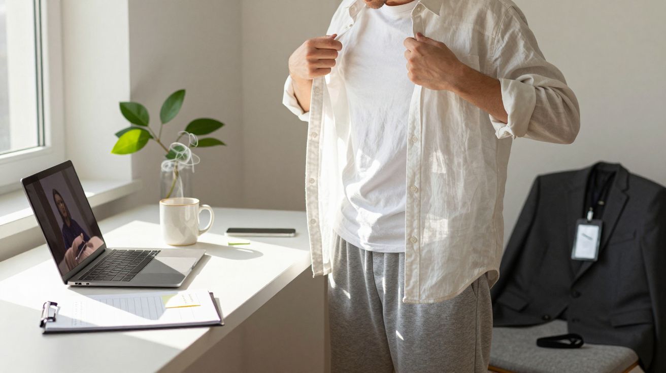 Homem prepara-se para videochamada, sentado em frente a um laptop, vestido casualmente, com chávena e fato ao lado.