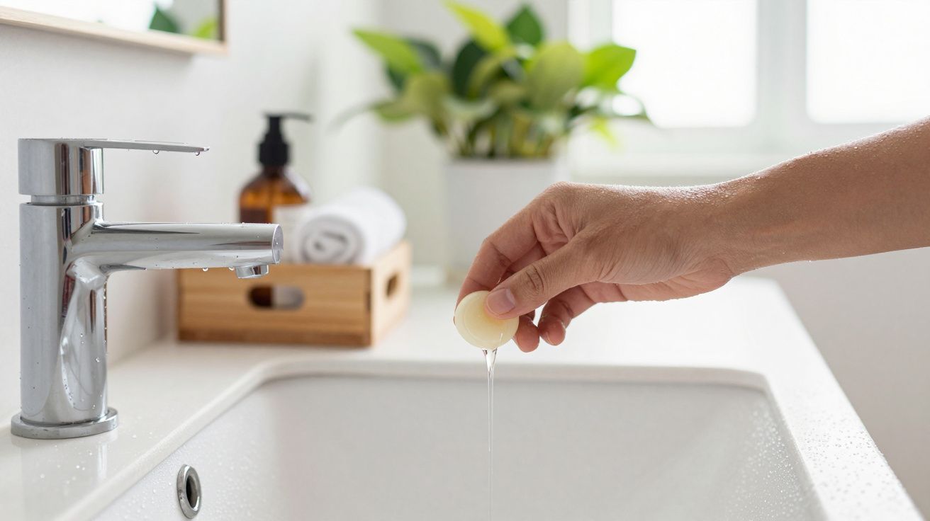 Mão segurando pequena bola de cera em casa de banho, com torneira prateada e vaso de plantas ao fundo.