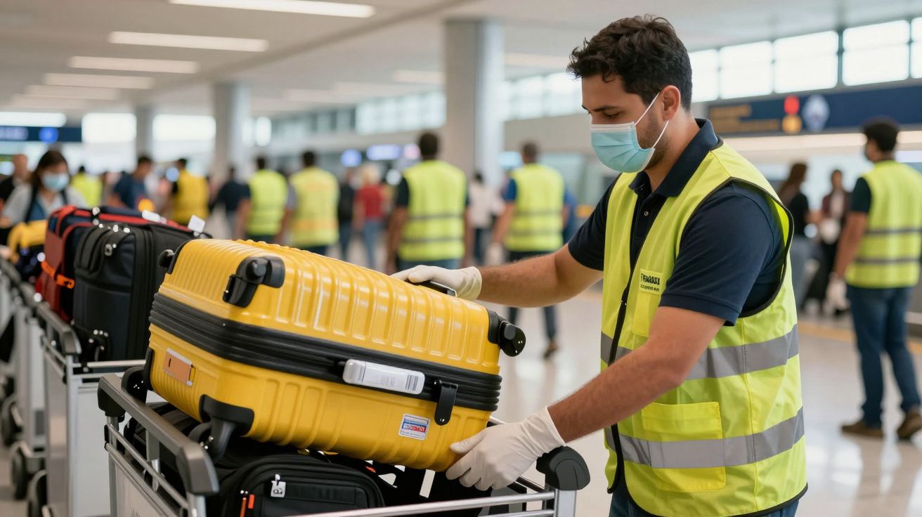 Funcionário de aeroporto com máscara e colete amarelo manuseia malas num terminal movimentado.