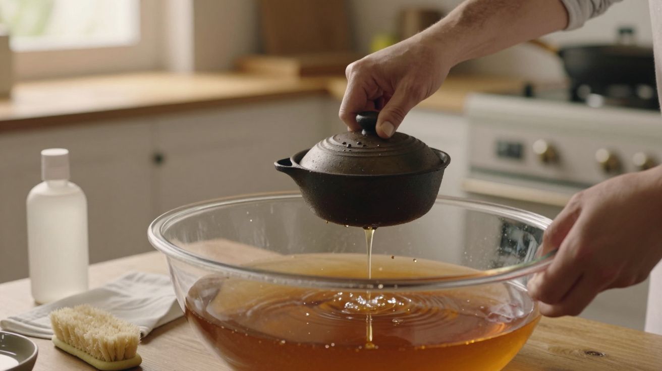 Pessoa segura coador sobre tigela de vidro com líquido âmbar numa cozinha iluminada.