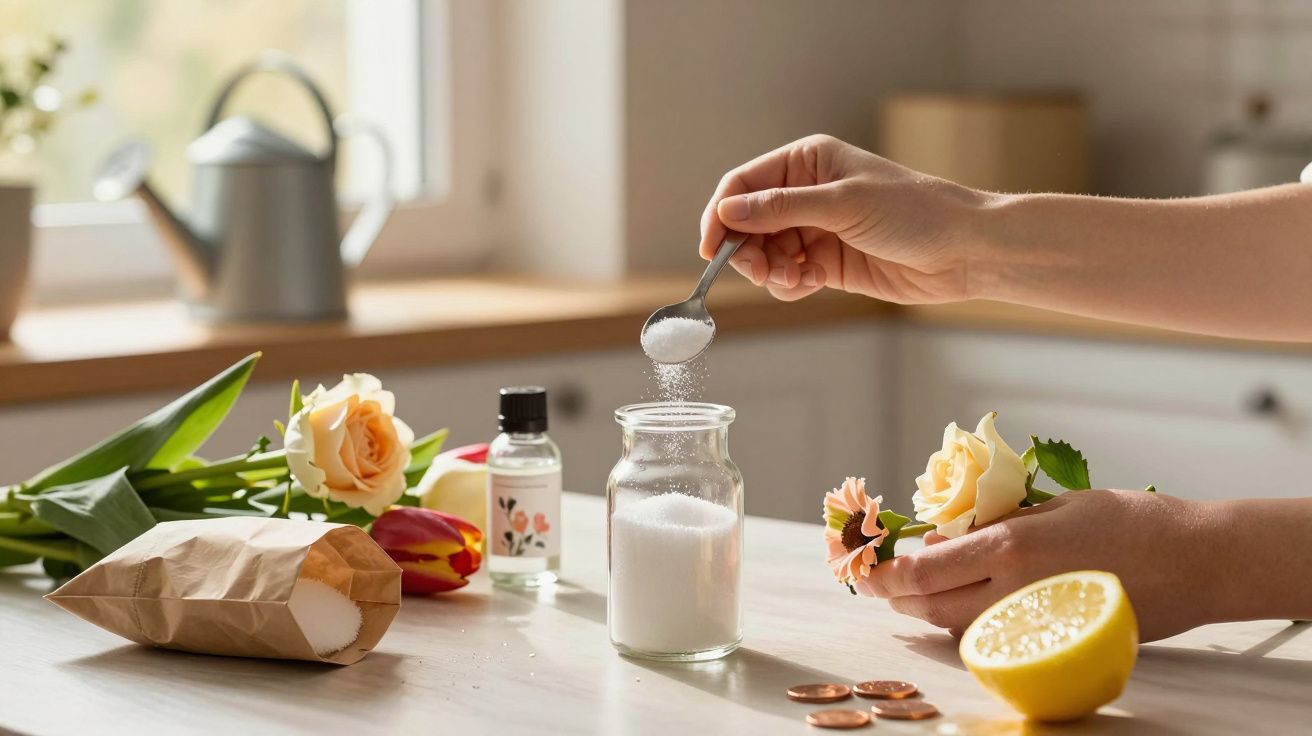Mão adiciona sal a um frasco numa mesa, rodeada por flores, limão, garrafa e moedas.