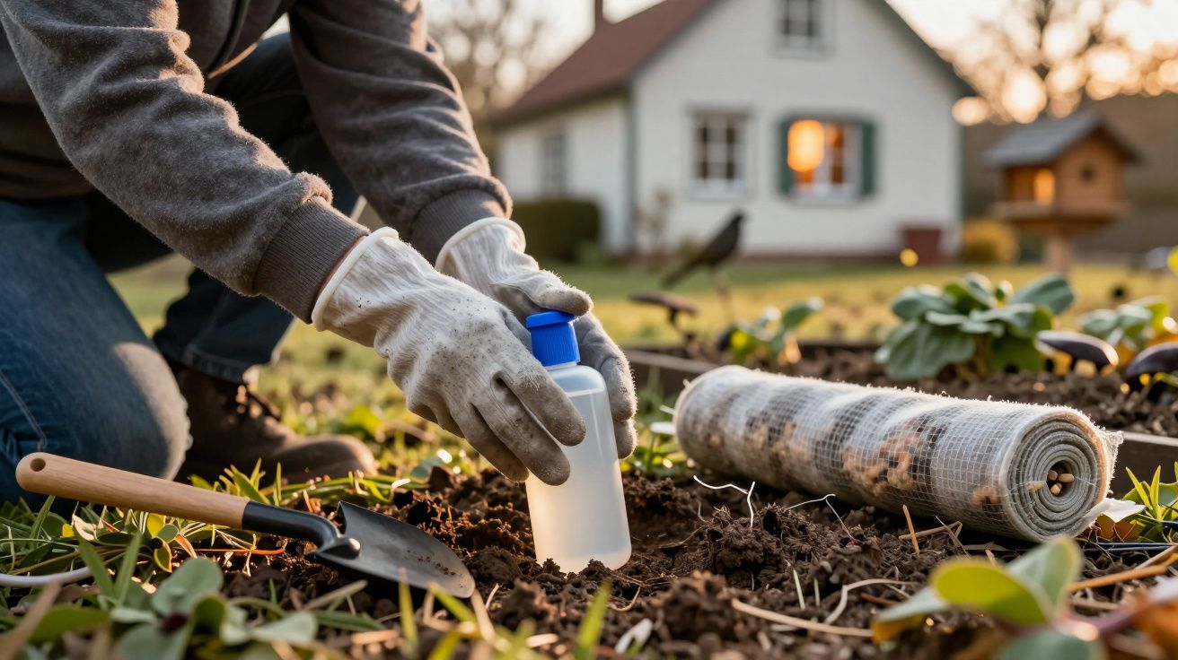 Pessoa a plantar no jardim com luvas e ferramentas, casa ao fundo.