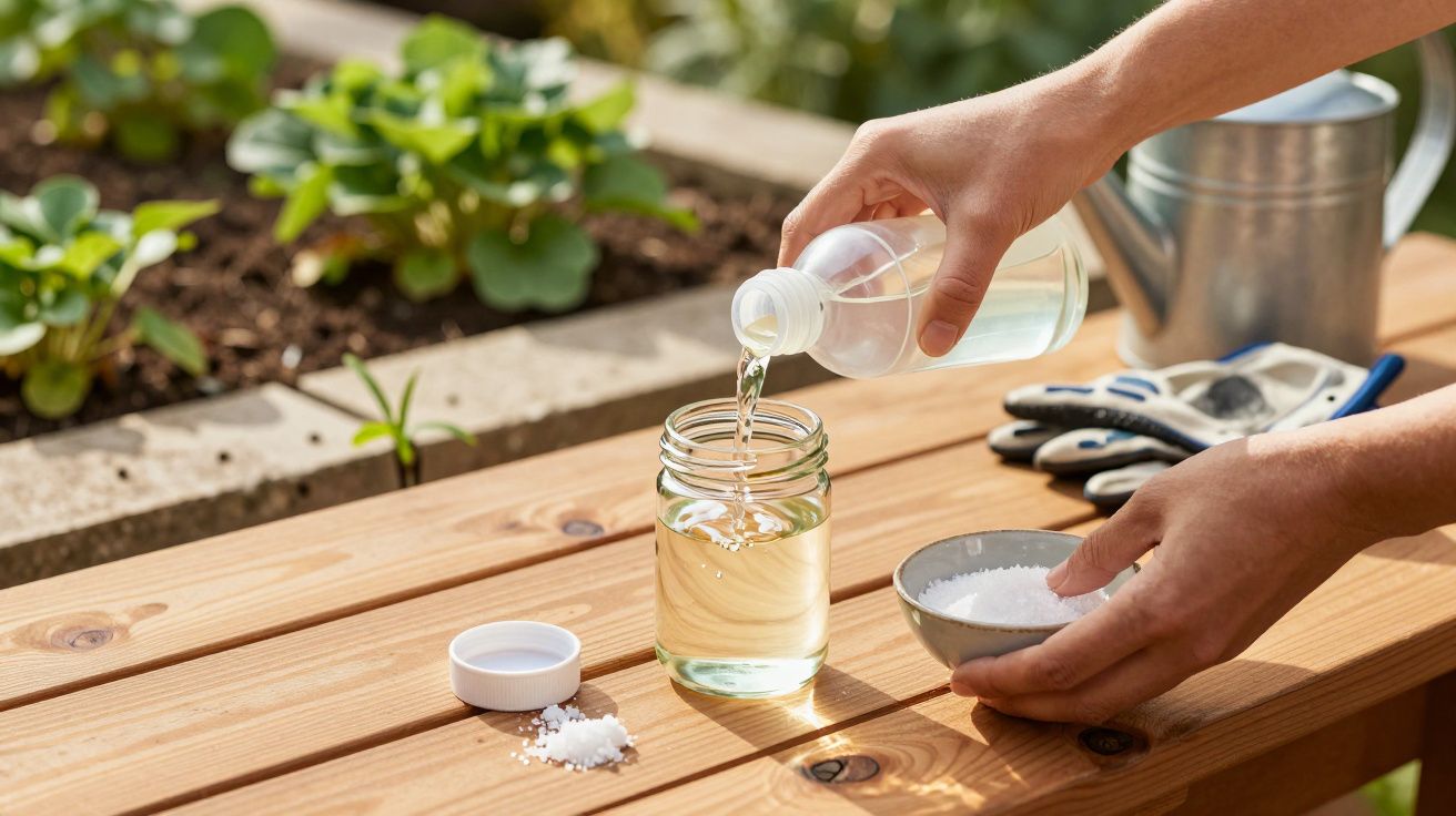 Mãos vertem líquido de garrafa num frasco sobre mesa de madeira ao lado de uma tigela com sal, em jardim.