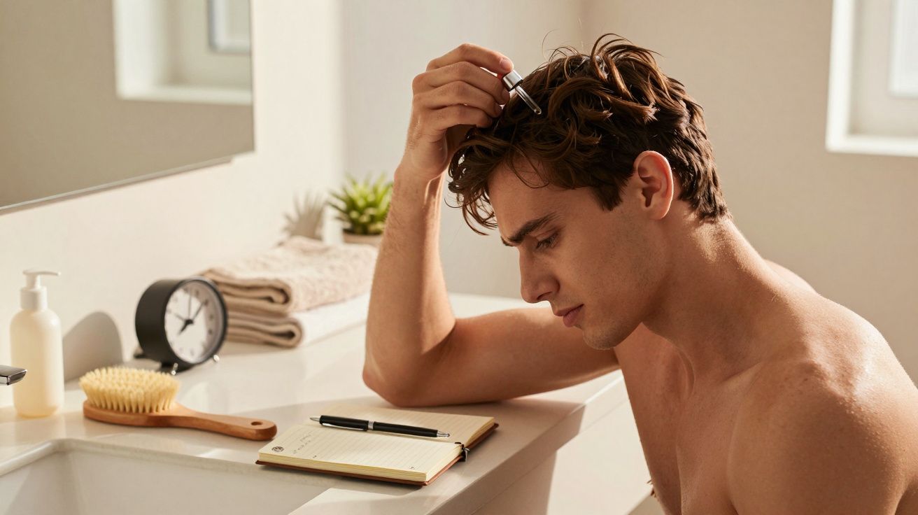 Homem pensativo no banheiro, segurando uma caneta, ao lado de um relógio, toalhas e um caderno.