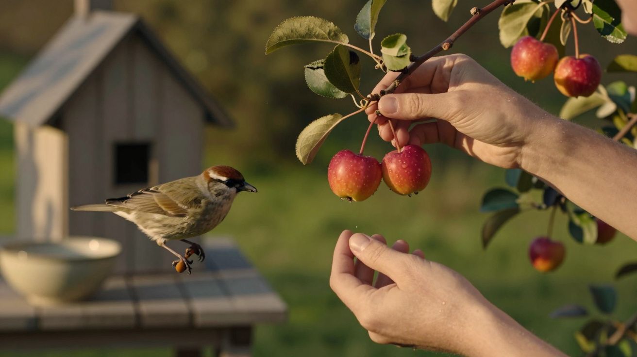 Pássaro voando perto de mãos segurando ramos de maçãs pequenas, com comedouro ao fundo.