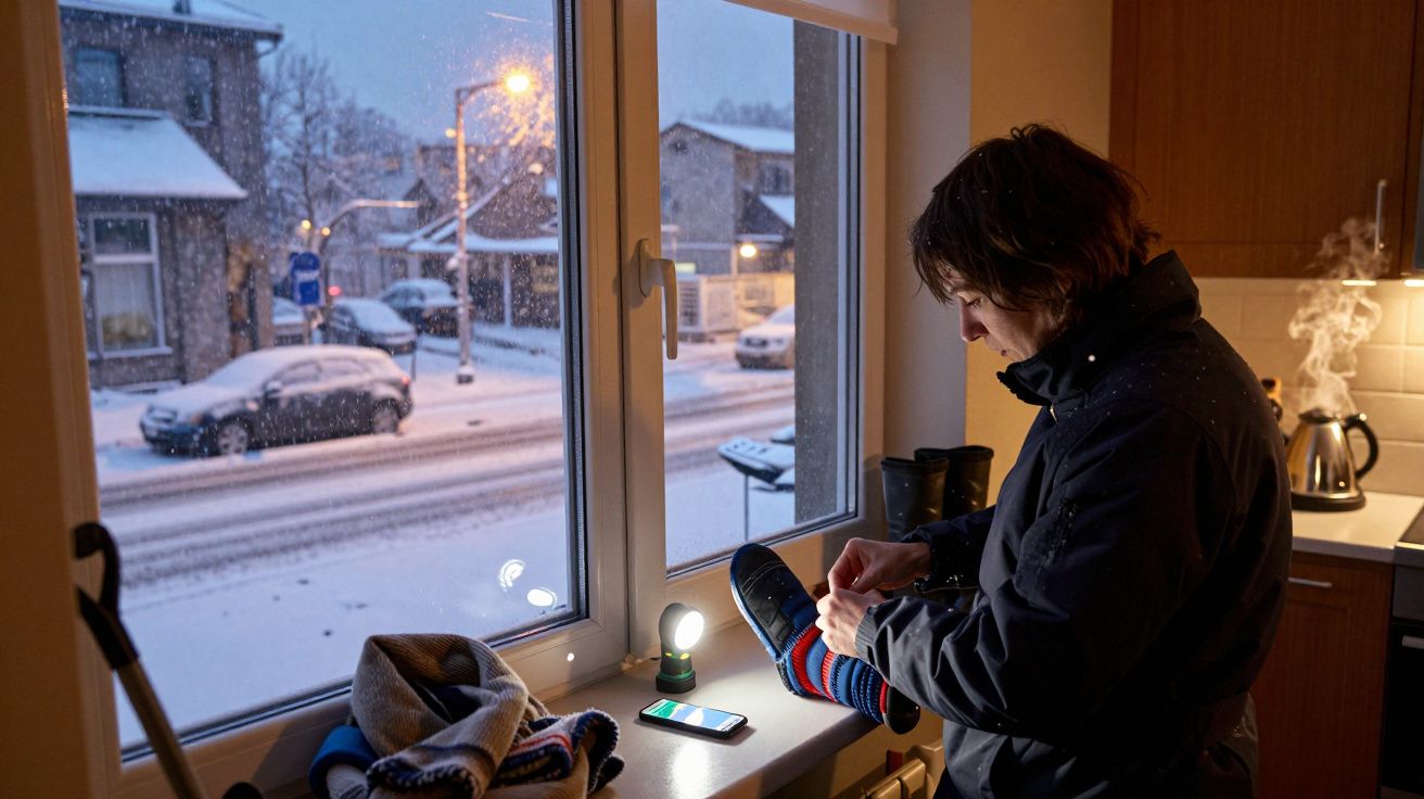 Pessoa sentada junto à janela num dia de neve, ajustando um sapato. Equipamento de inverno e uma luz sobre a mesa.