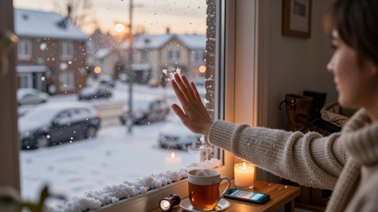 Mulher toca janela com neve. Chá, vela e telemóvel ao lado. Rua nevada ao fundo durante o pôr do sol.