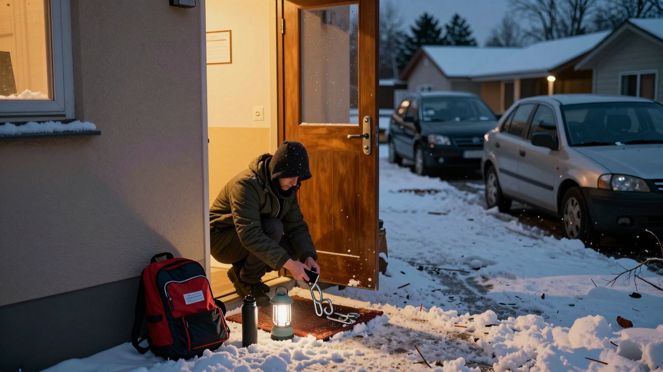 Homem acende uma lamparina do lado de fora de uma casa coberta de neve, com carros ao fundo e uma mochila vermelha ao lado.