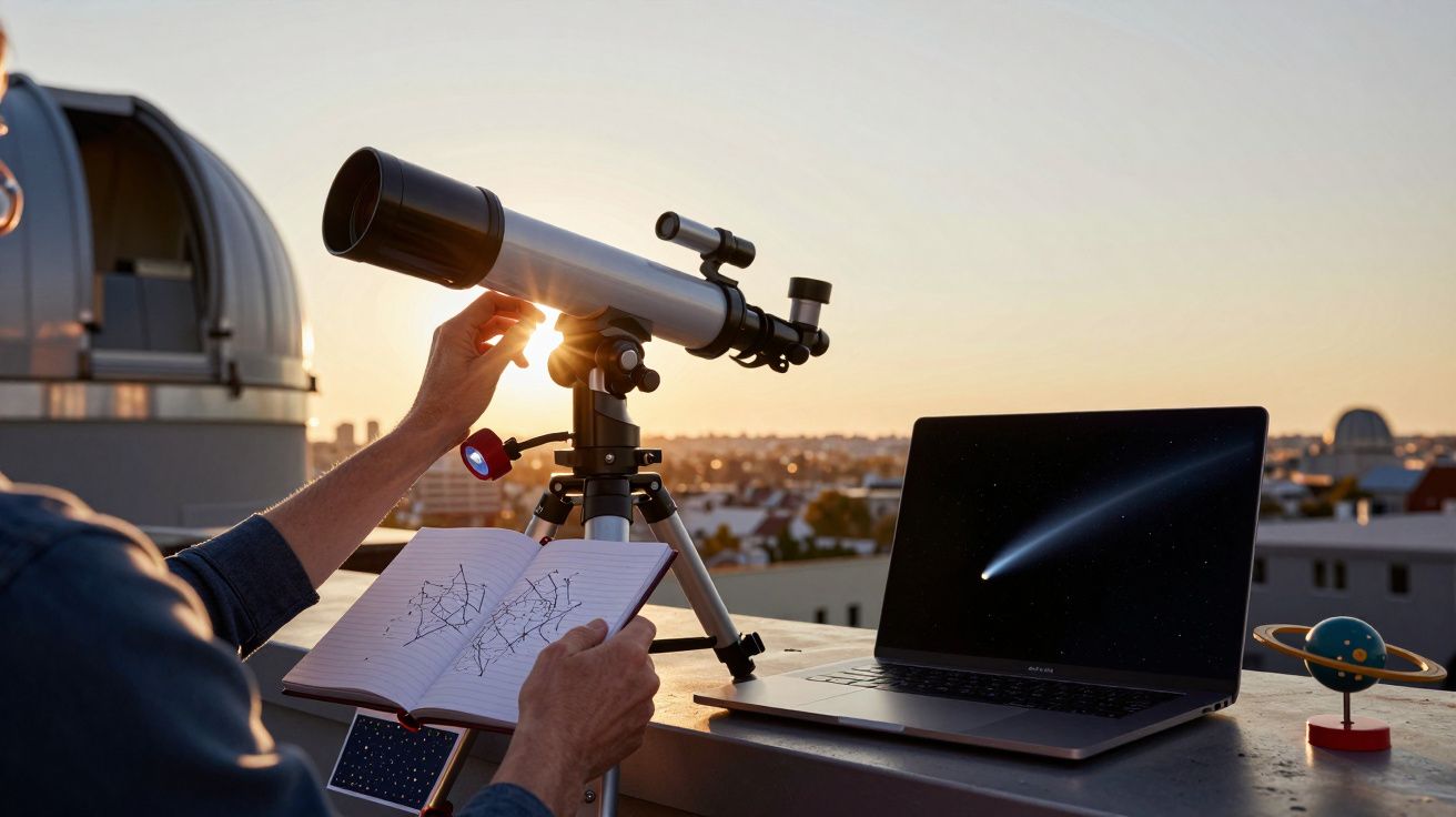 Pessoa ajusta telescópio num terraço, com caderno de anotações e laptop mostrando cometa ao pôr do sol.