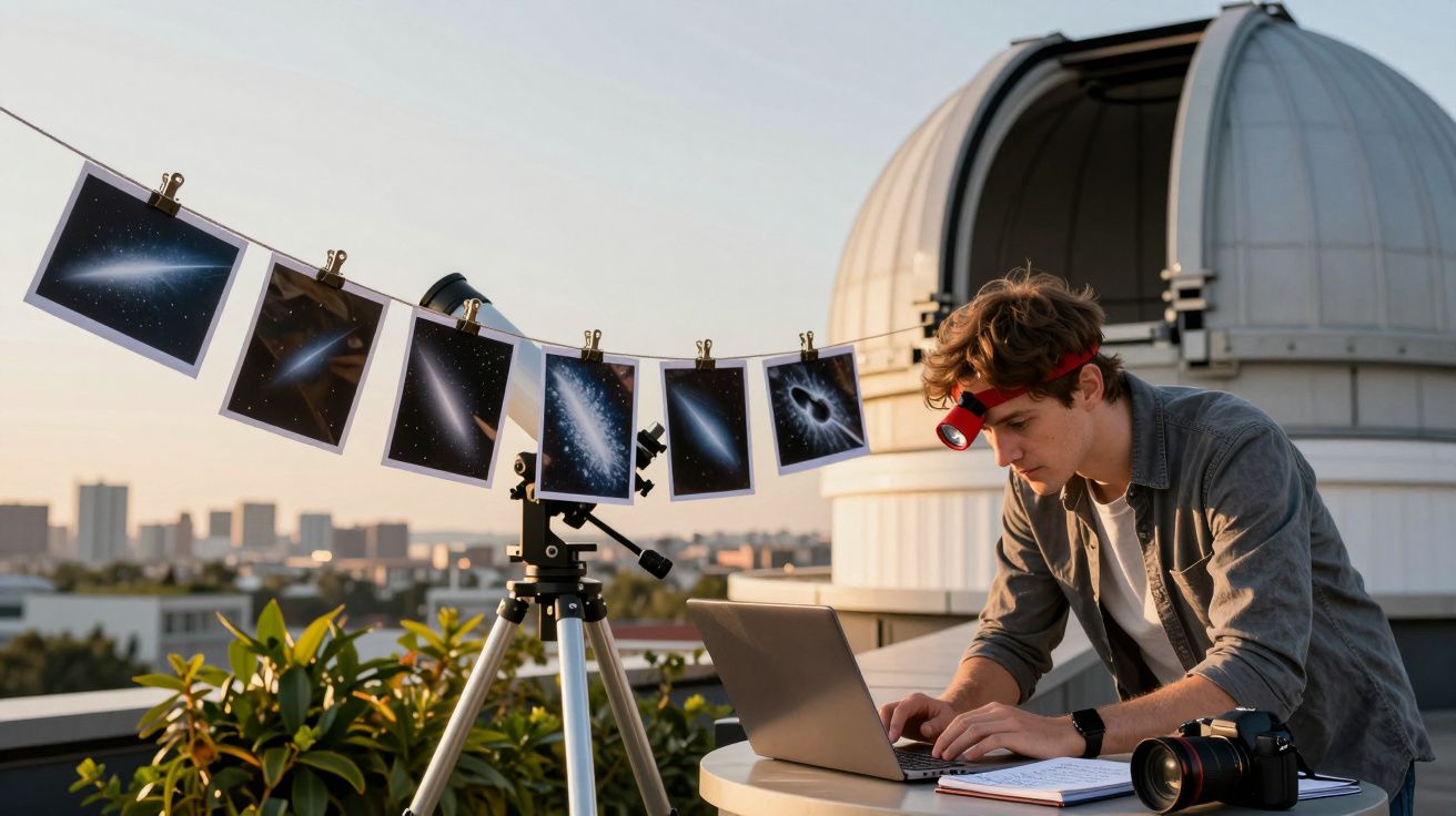Homem trabalha num portátil num observatório, rodeado de fotos do espaço e com um telescópio ao lado.