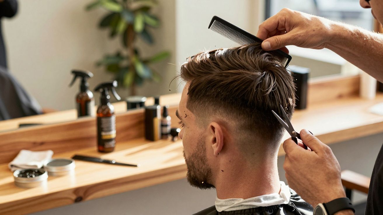 Cabeleireiro a cortar cabelo de um homem com uma tesoura e pente, num salão com produtos ao fundo.