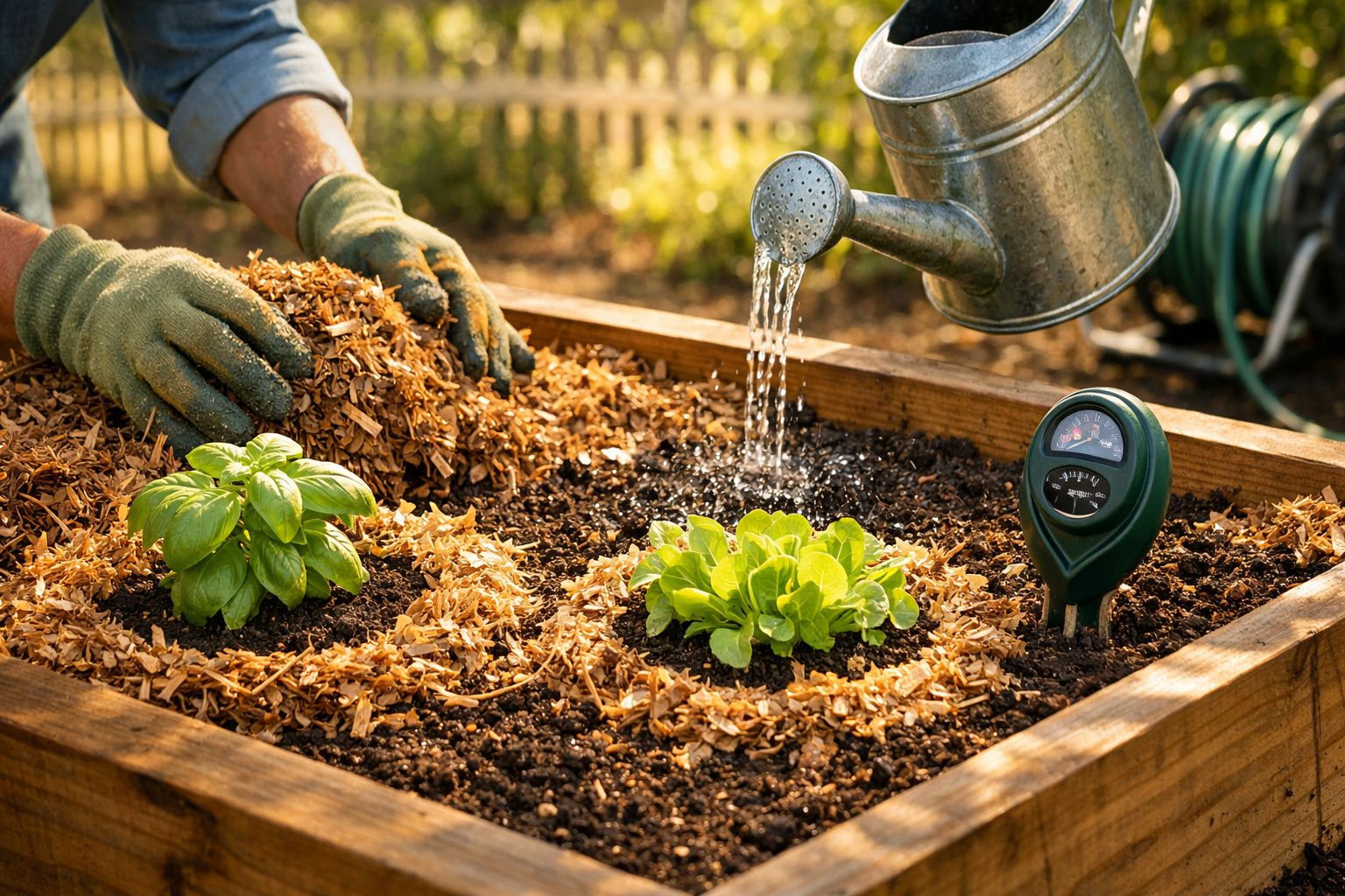 Pessoa a cuidar de uma horta elevada com várias plantas, colocando palitos de madeira no solo.