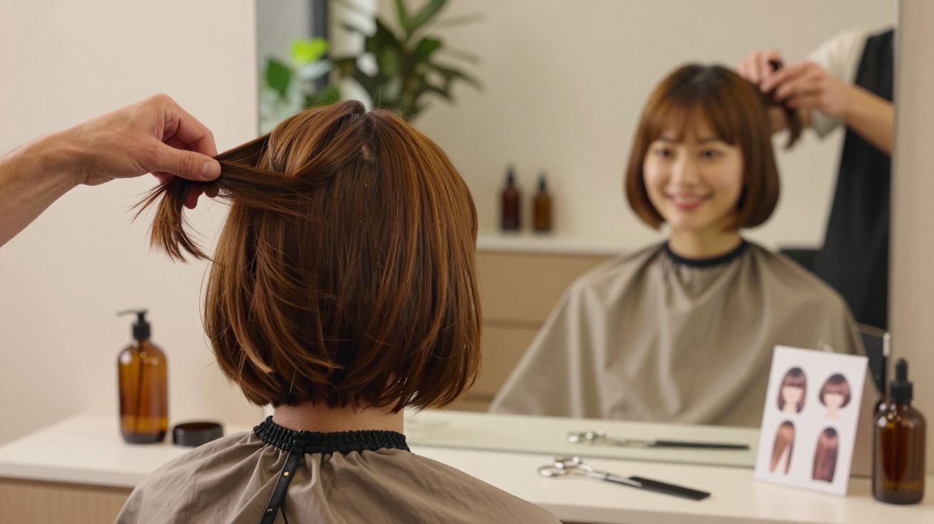 Mulher de cabelo curto sentada em frente ao espelho no cabeleireiro, enquanto cabeleireiro ajusta o penteado.