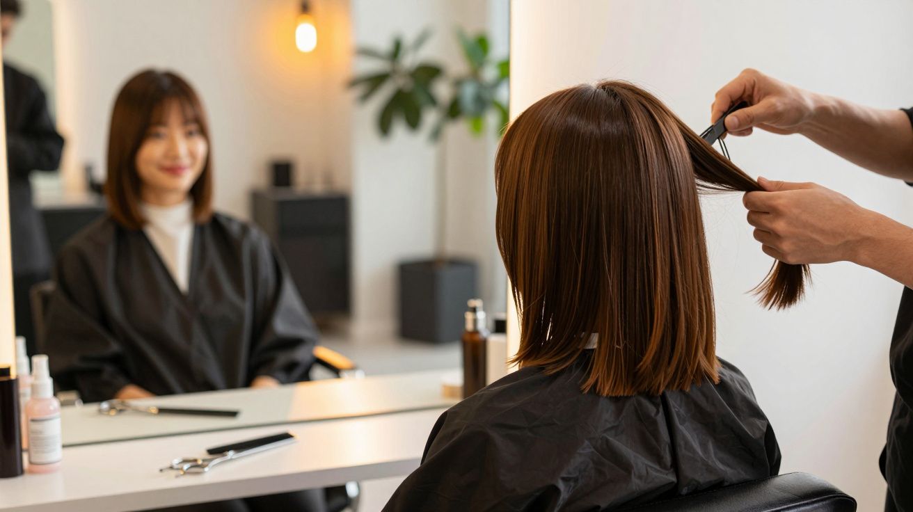 Mulher em cabeleireiro, sentada frente a um espelho. Cabeleireiro a pentear o cabelo castanho e liso da cliente.
