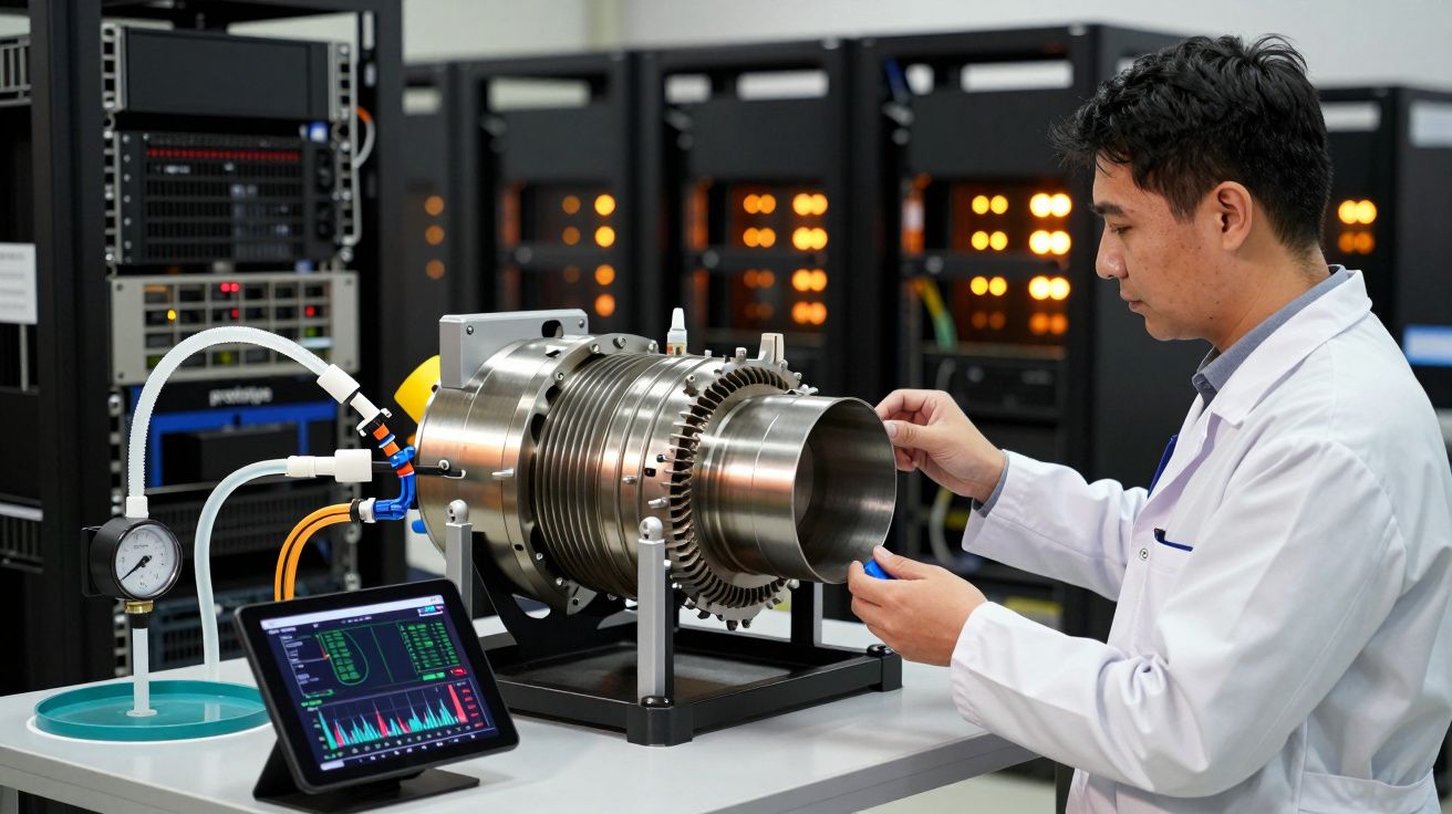 Cientista analisa equipamento industrial em laboratório com tablet e manómetros ao lado.