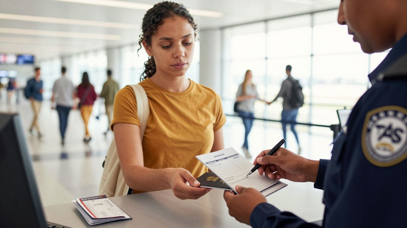 Mulher entrega passaporte e bilhete a agente de segurança num aeroporto. Pessoas caminham ao fundo.