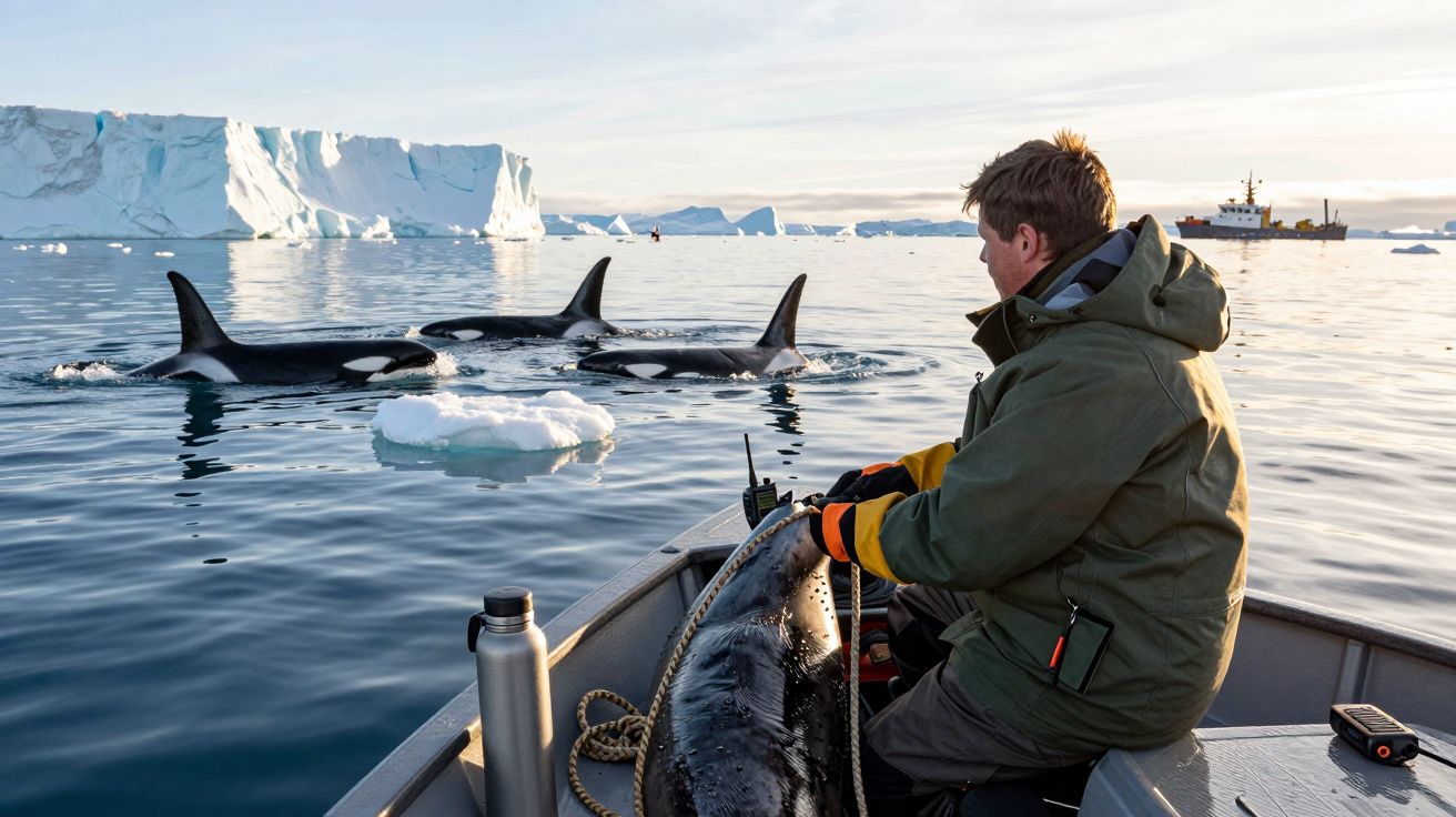 Homem num barco observa orcas a nadar entre icebergs no mar.