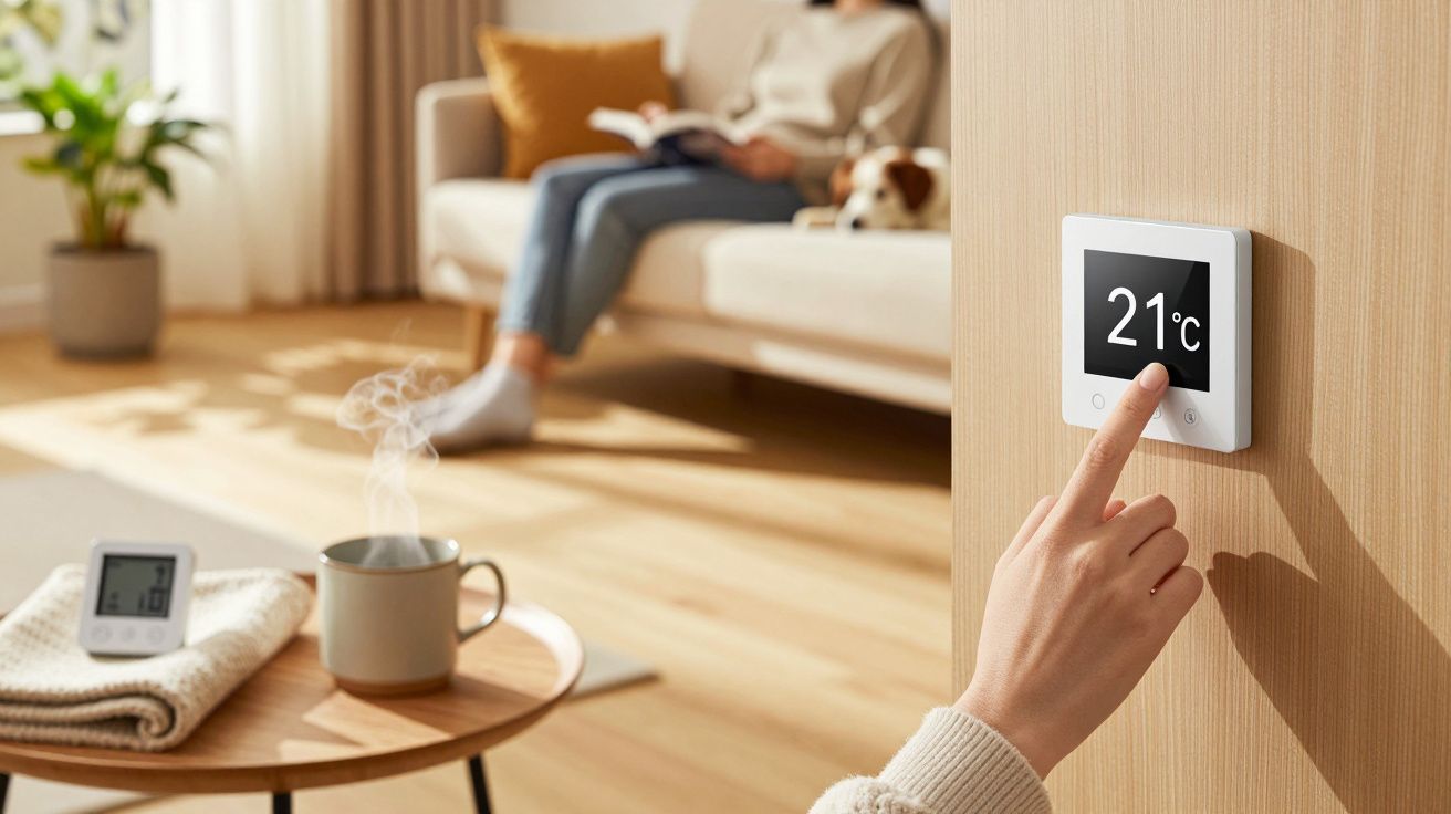 Mão ajusta termostato para 21°C; ao fundo, pessoa lê num sofá com um cão; chávena de chá fumegante na mesa.