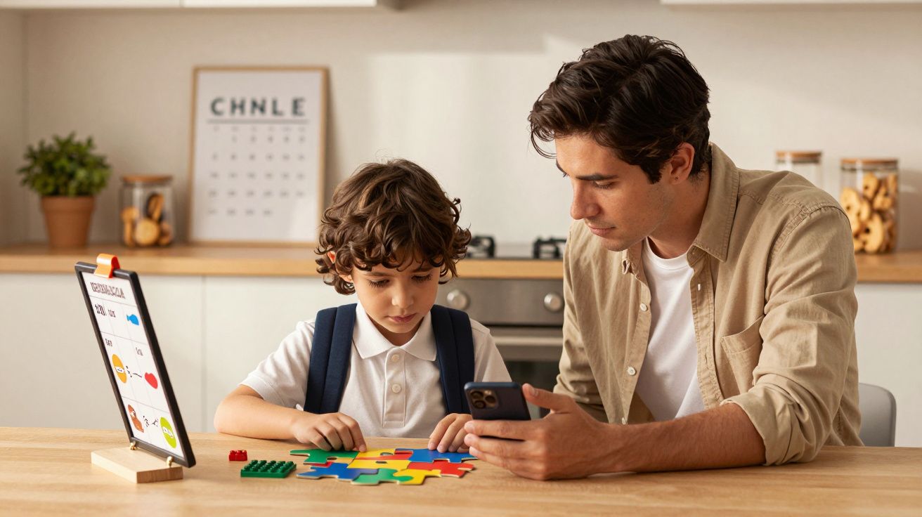 Pai e filho montam puzzle colorido na mesa da cozinha, enquanto o pai segura um telemóvel.