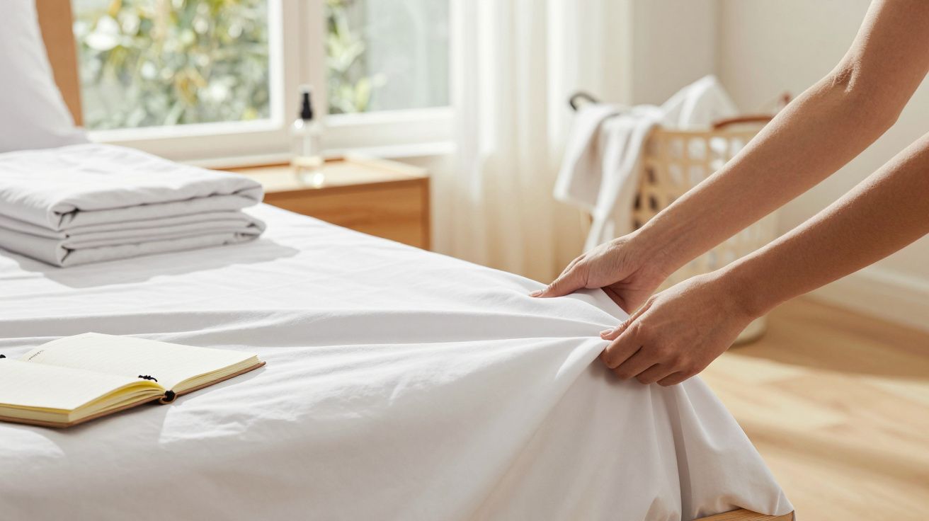 Pessoa a fazer uma cama com lençóis brancos, com toalhas dobradas e livro sobre o colchão, luz natural entra pela janela.