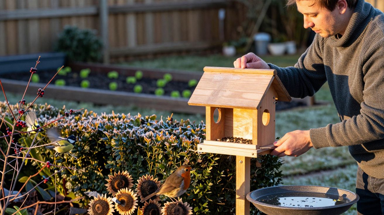 Homem a colocar sementes numa casa para pássaros no jardim, com pássaros a alimentar-se.