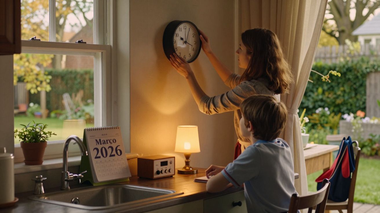 Mulher ajusta relógio na cozinha com criança a observar, calendário marca março de 2026, luz suave do abajur na bancada.