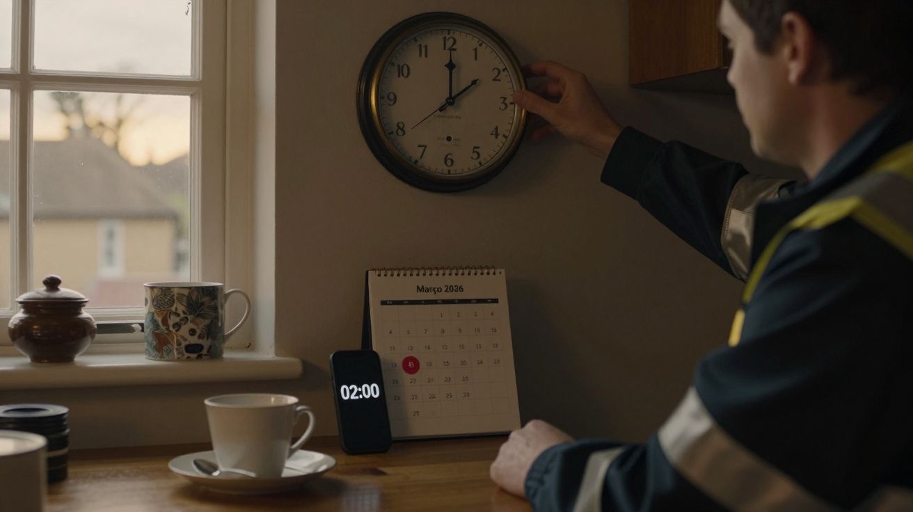 Homem ajusta o horário num relógio de parede. Calendário indica março de 2026. Telemóvel mostra 02:00 na mesa.