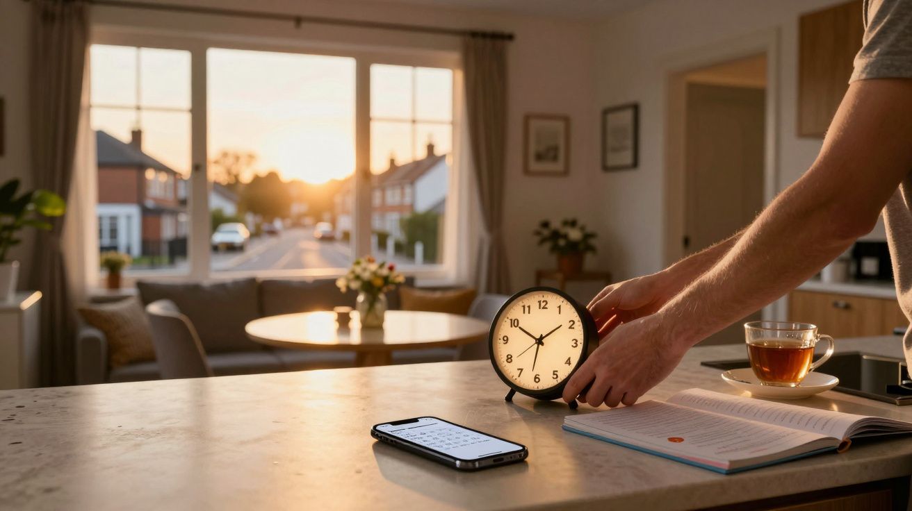 Pessoa ajusta relógio numa cozinha iluminada pelo pôr do sol, com chá e livro sobre a mesa.