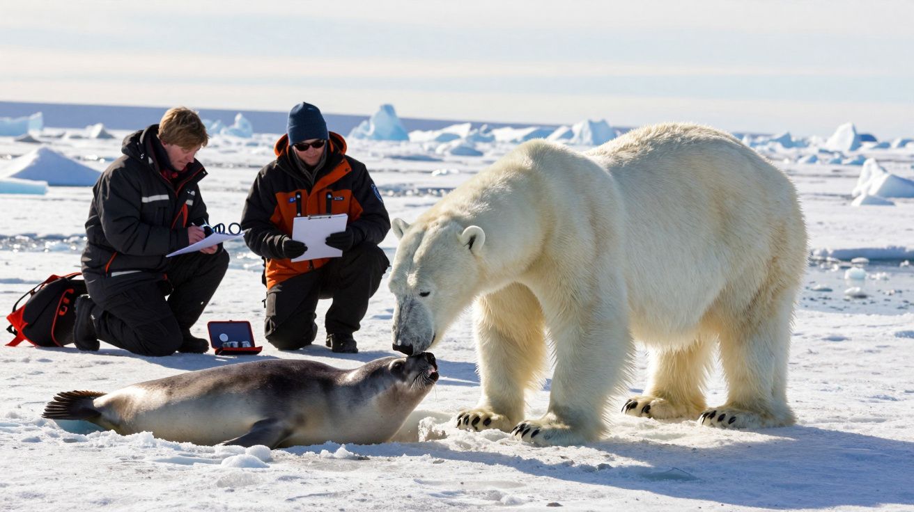 Dois cientistas observam um urso polar e uma foca no gelo ártico, anotando em pranchetas.