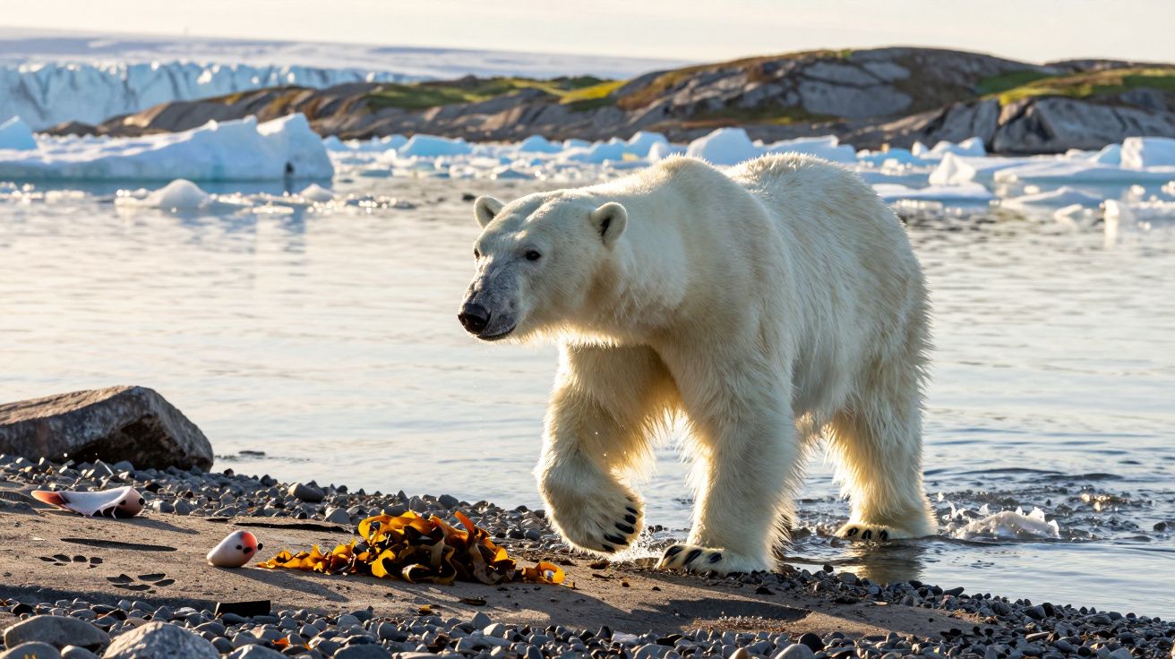 Urso polar caminhando em praia rochosa, com gelo e água ao fundo.