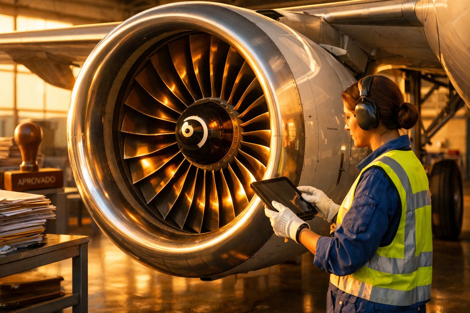 Técnico em uniforme azul inspeciona a turbina de um avião estacionado numa pista, com prancheta "aprovado" ao lado.