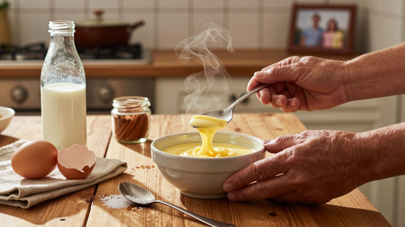 Mãos a servir creme quente de uma taça, com leite, ovos e especiarias em cima da mesa de madeira na cozinha.