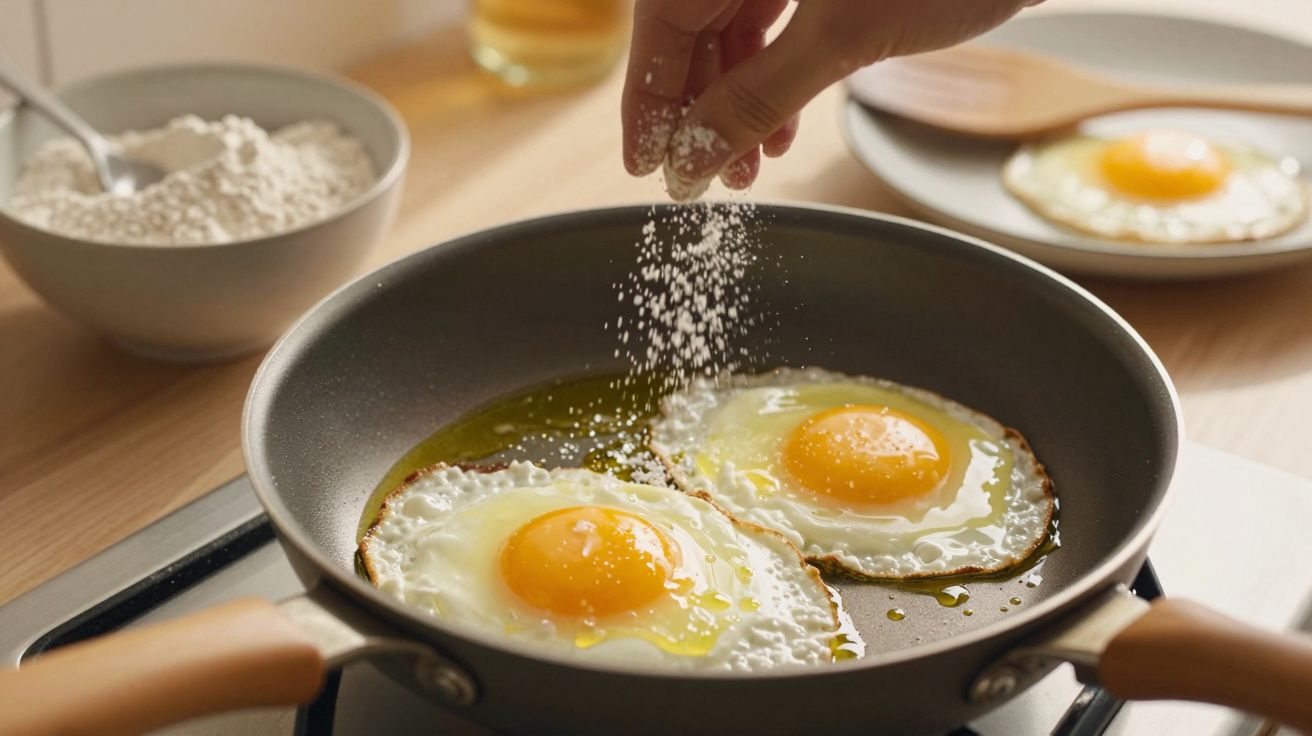 Duas claras fritas com gemas douradas numa frigideira. Uma mão polvilha sal sobre os ovos na cozinha iluminada.