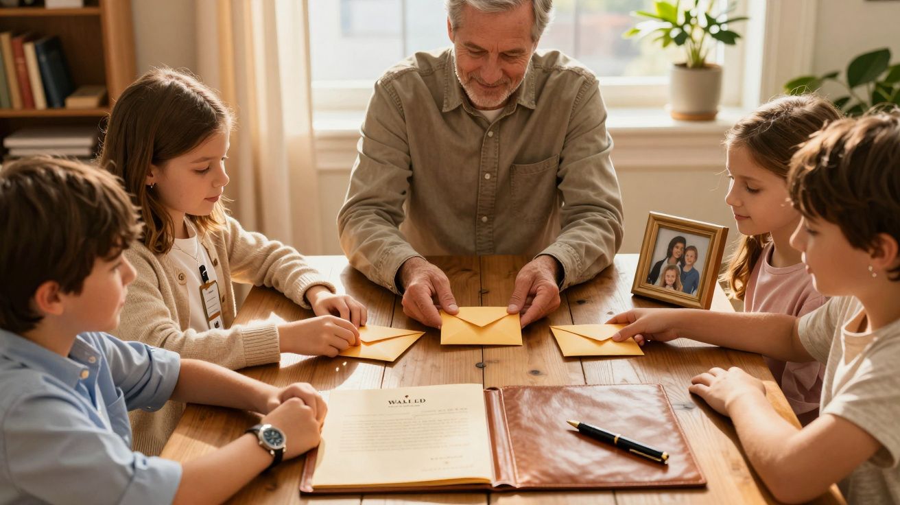 Idoso rodeado por quatro crianças à mesa, com envelopes, livro aberto e uma moldura de família em destaque.