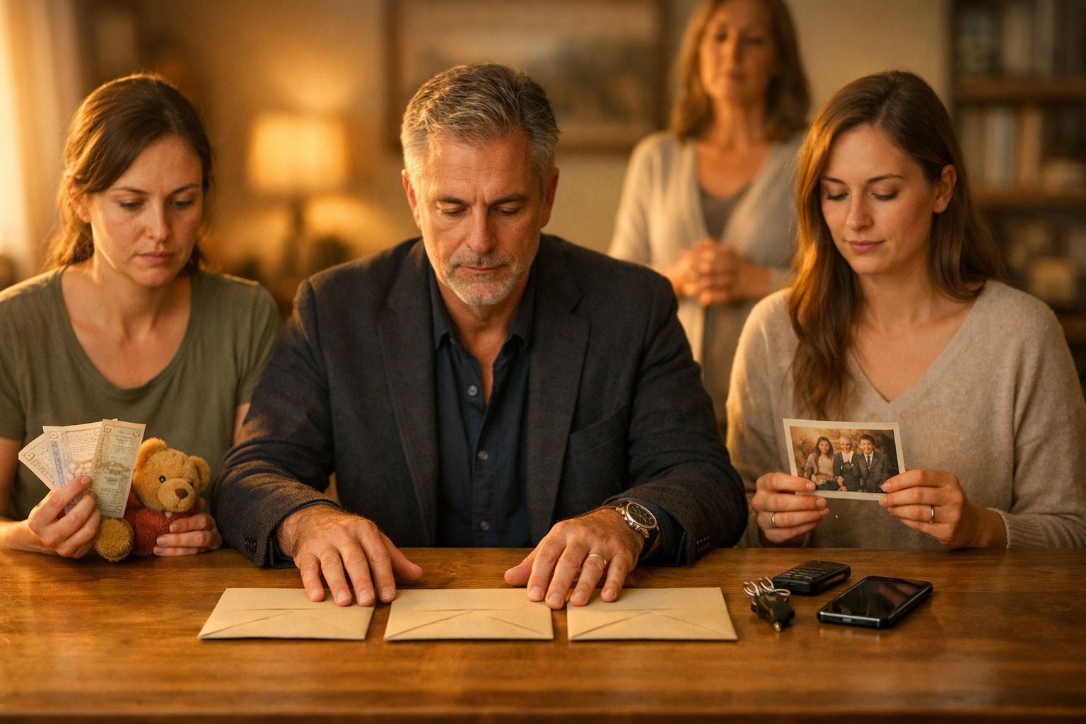 Mulher e homem trocam envelopes sentados à mesa, duas meninas de pé observam, com relógio e foto ao fundo.