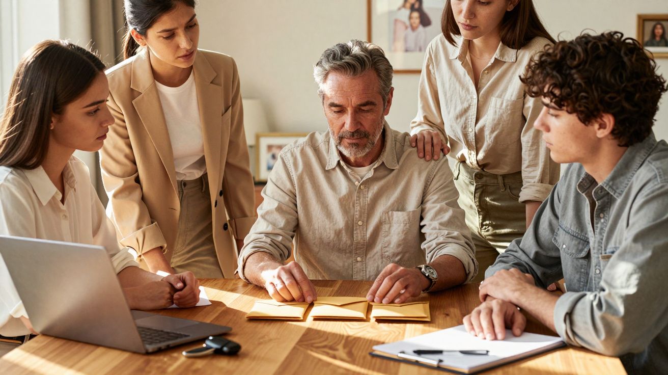 Grupo de cinco pessoas à volta de uma mesa, com documentos e um portátil, discutindo trabalho.