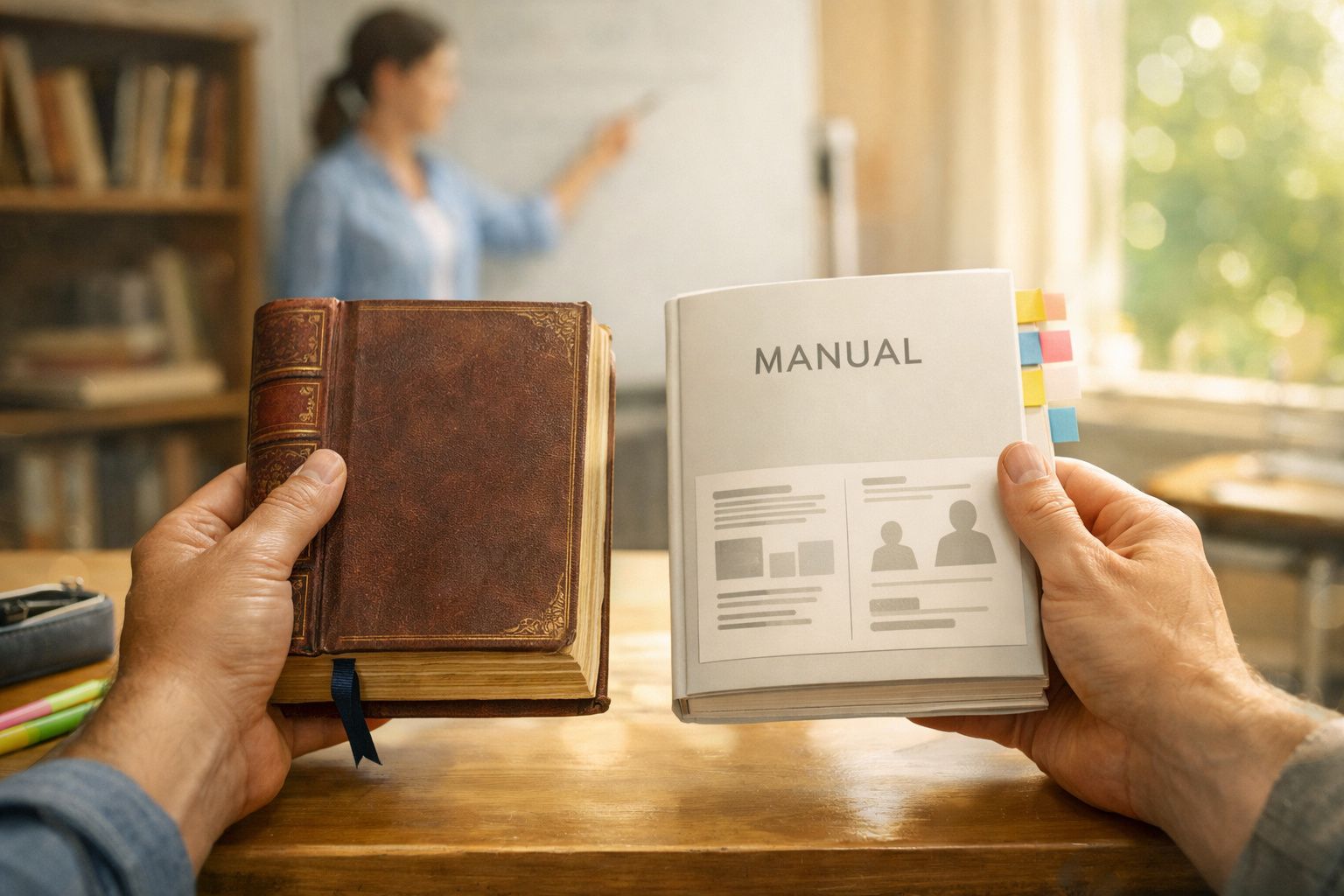 Duas pessoas estudando à mesa com cadernos, livros e lápis. Uma mochila e notas autocolantes estão ao lado.