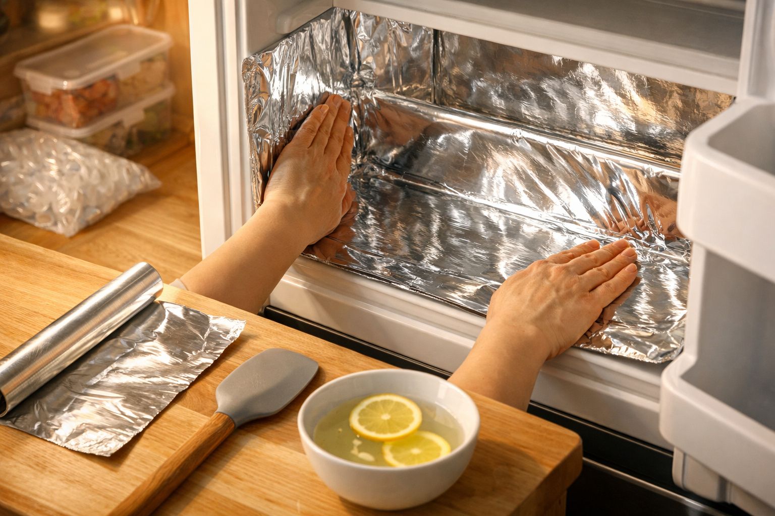 Mãos colocam folha de alumínio no congelador com caixas e embalagens ao lado.