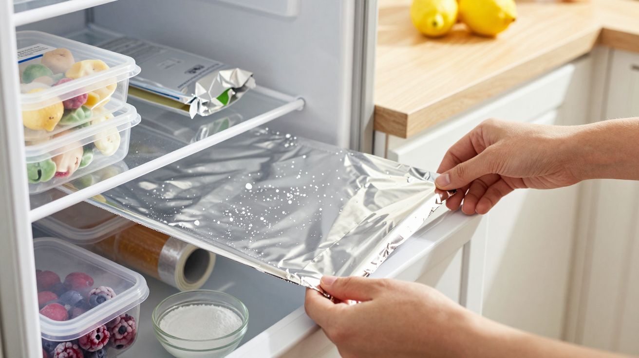 Pessoa coloca um tabuleiro com papel de alumínio no congelador, ao lado de caixas de frutas congeladas.
