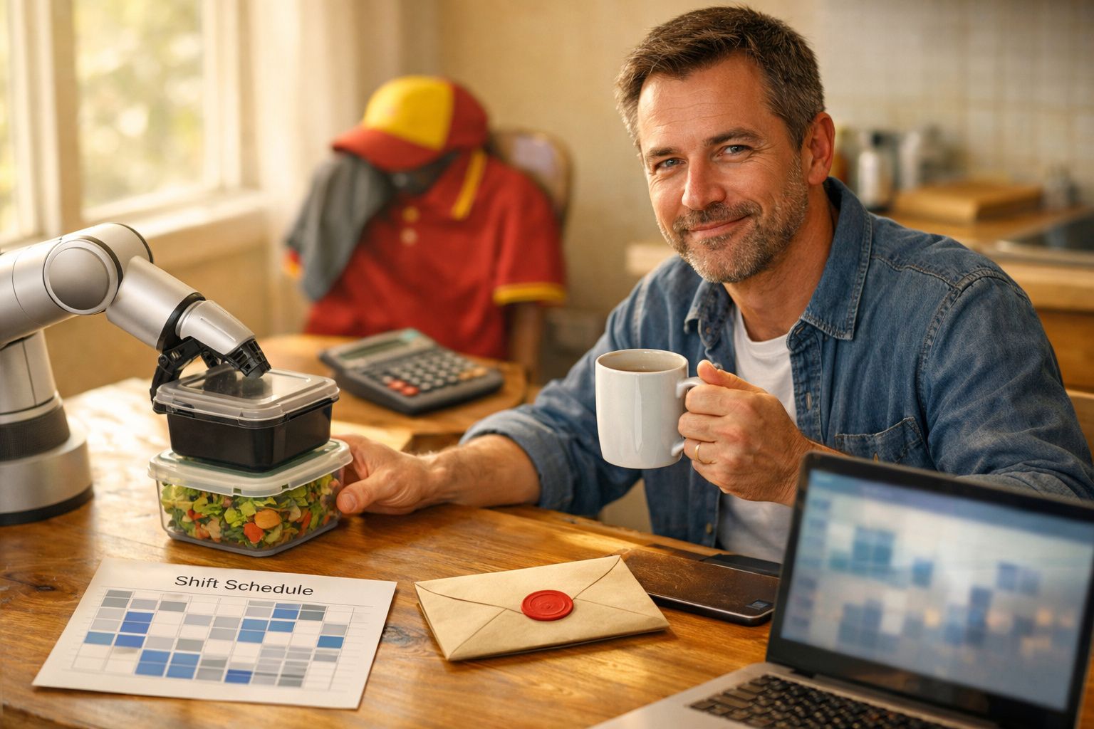 Grupo de pessoas e um robô em torno de uma mesa, analisando um calendário e um laptop.